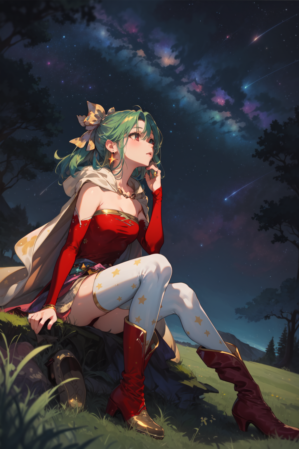 masterpiece,best quality,1girl,tina branford,green hair,cape,earrings,red dress,detached sleeves,hair ribbon,clothes aroun...